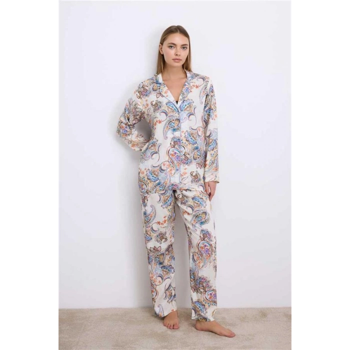 Vipmarketim Anil Kadın Desenli Uzun Kollu Gömlek Yaka Viskon Pijama Takımı (kod:11571)