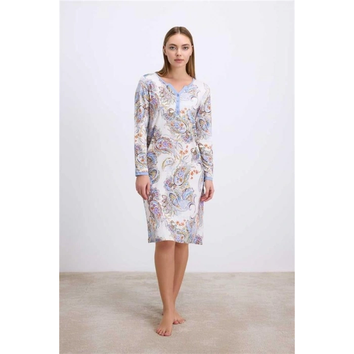 Vipmarketim Anıl Kadın Desenli Uzun Kollu Viskon Gecelik – Düğme Detaylı, Yumuşak Ve Nefes Alabilen Kumaş (kod:11570)