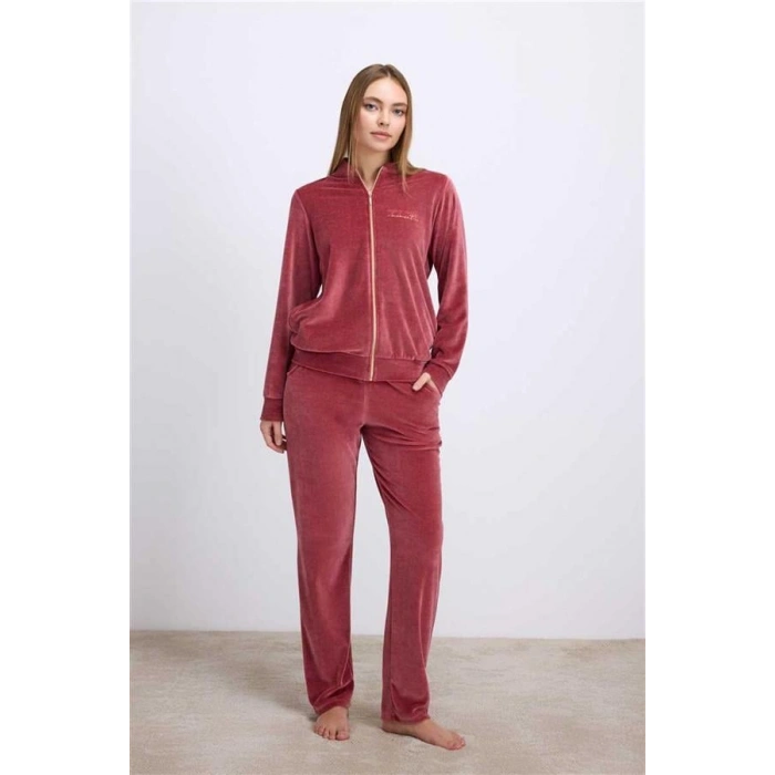 Vipmarketim Anıl Kadın Kadife Dokulu Fermuarlı Uzun Kollu Sweatshirt Ve Pantolon Takım ( ) (kod:11560)