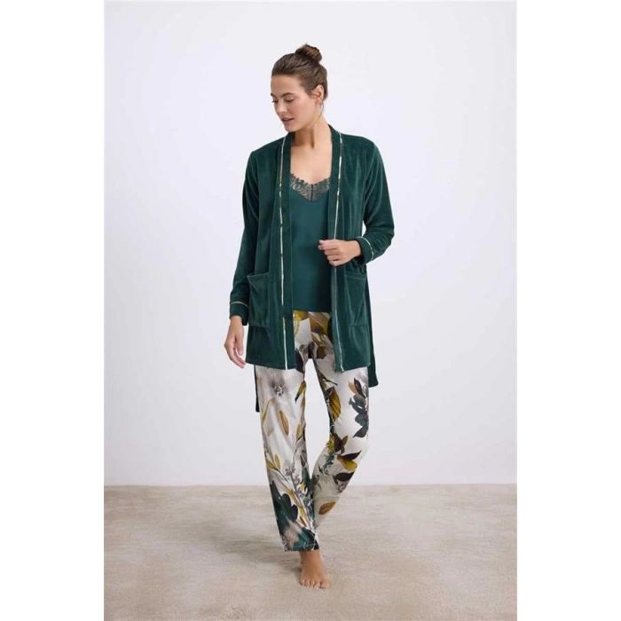 VipMarketim Anıl Kadın Kadife Sabahlık, Dantelli Atlet Ve Desenli Pantolon Pijama Takım (Kod:11554)