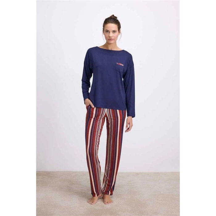 Vipmarketim Anıl Kadın Lacivert Uzun Kollu T-shirt Ve Çizgili Pantolon Takımı ( ) (kod:11577)