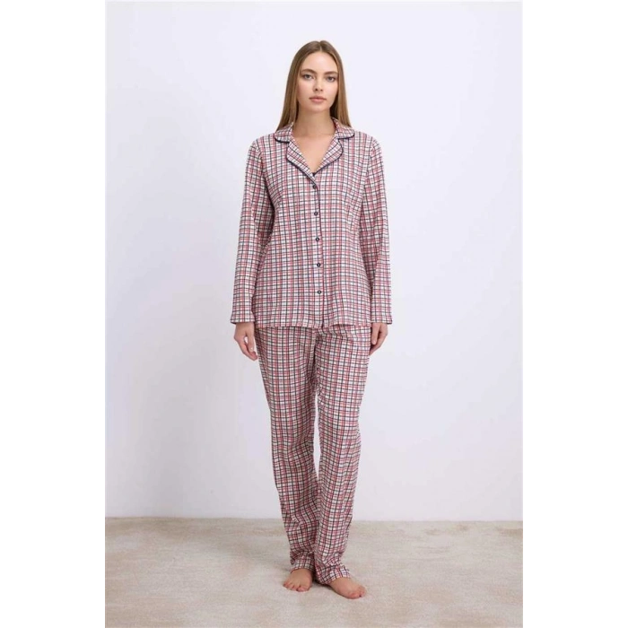 Vipmarketim Anıl Kadın Pamuklu Uzun Kol Düğmeli Gömlek Ve Ekose Pantolon Pijama Takımı Zamansız Şıklık (kod:11627)