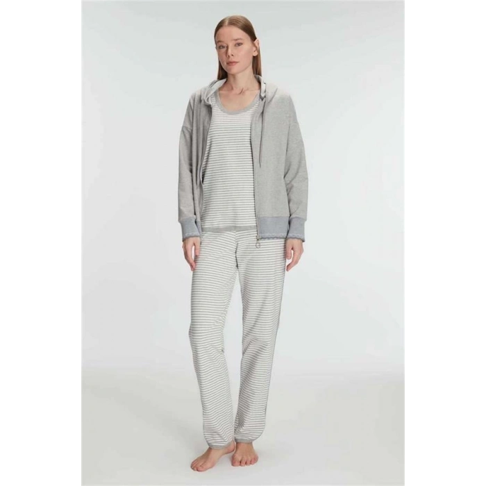 VipMarketim Anıl Kadın Pamuklu Uzun Kol Fermuarlı Swearshirt Sıfır Kol T-Shirt Ve Pantolon Pijama Takım (Kod:11237)