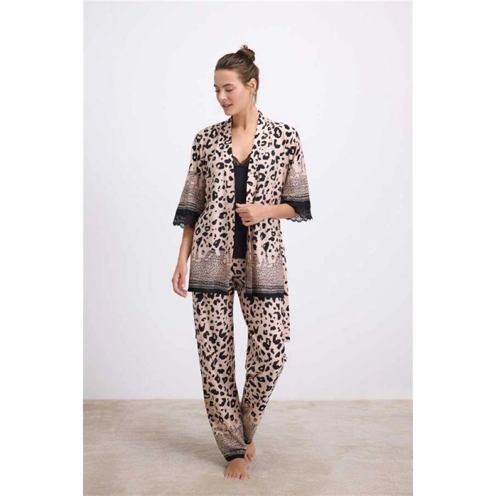 Vipmarketim Anıl Kadın Saten Görünümlü, Dantelli, Leopar Desenli 3lü Sabahlık Takımı( ) (kod:11602)
