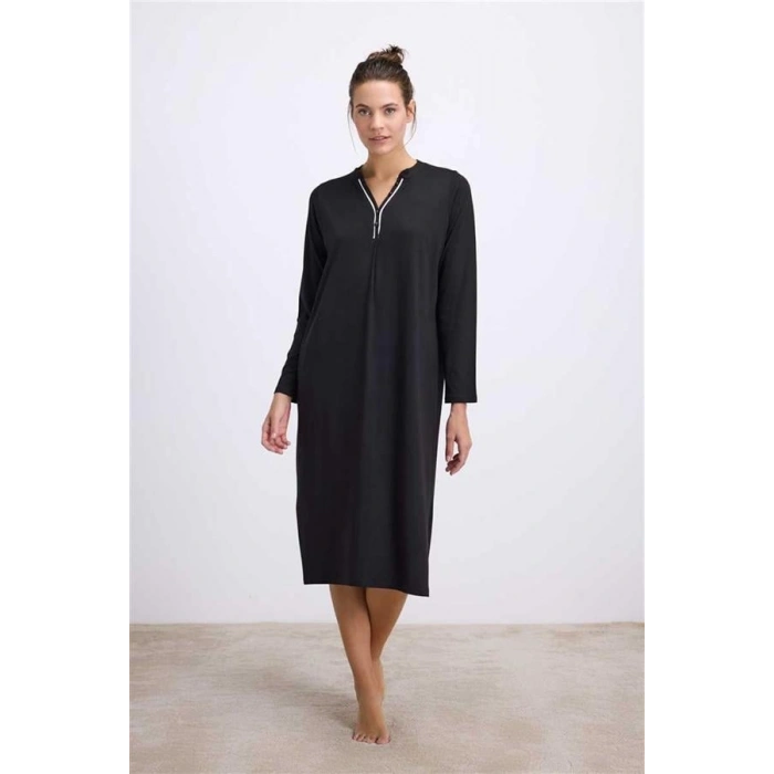 Vipmarketim Anıl Kadın Siyah Uzun Kollu Düğme Detaylı Gecelik ( ) (kod:11541)