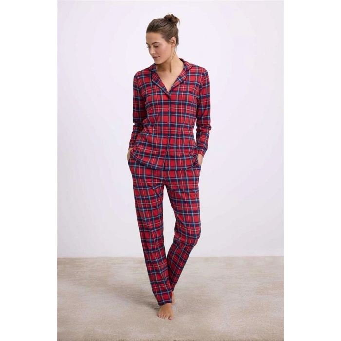 VipMarketim Anıl Kadın Uzun Kol Düğmeli Gömlek Ve Ekose Pantolon Pijama Takımı (Kod:11580)