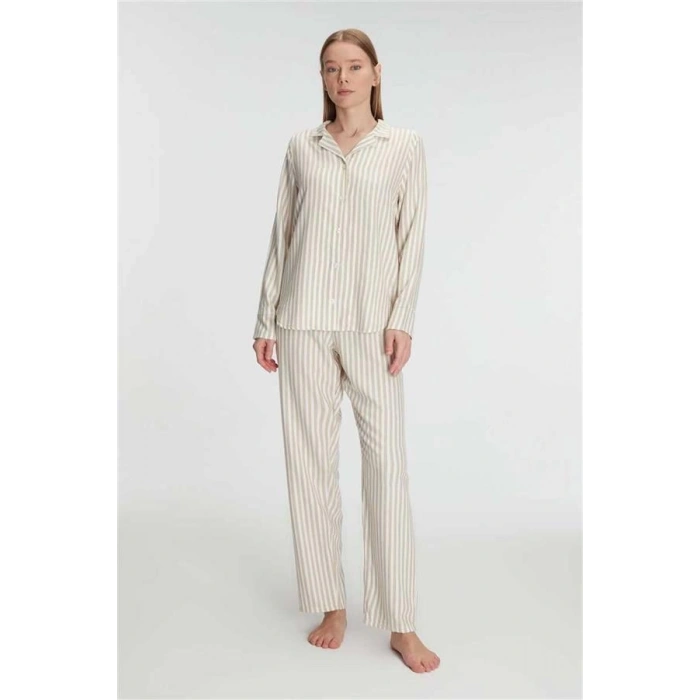 Vipmarketim Anıl Kadın Uzun Kollu Çizgili Gömlek Ve Pantolon Takım Klasik Şıklıkta Pamuklu Pijama Takımı (kod:11214)