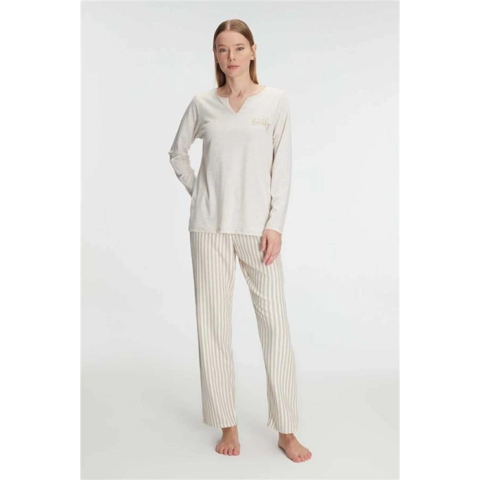 Vipmarketim Anıl Kadın Uzun Kollu Çizgili V Yaka Kışlık Pijama Takımı, Rahat Ve Şık Ev Konforu (kod:11213)