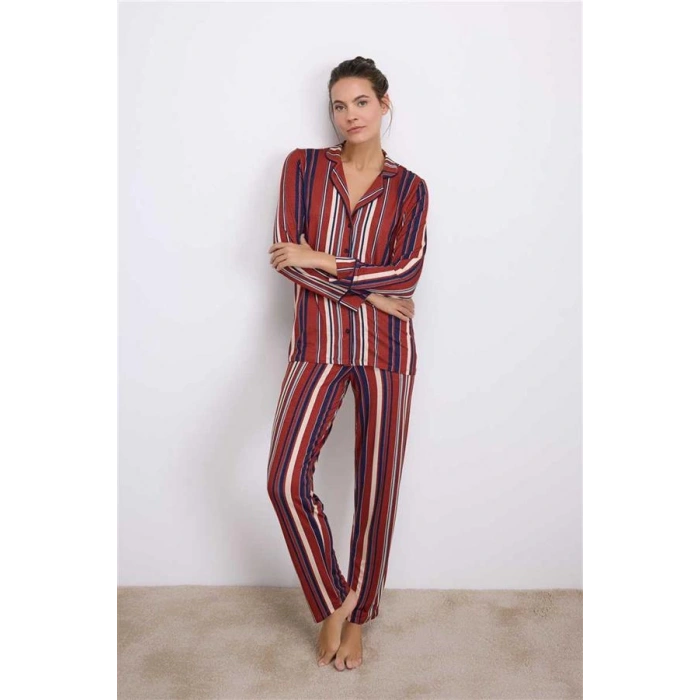 VipMarketim Anıl Kadın Uzun Kollu Düğmeli Çizgili Pijama Takımı (Kod:11578)