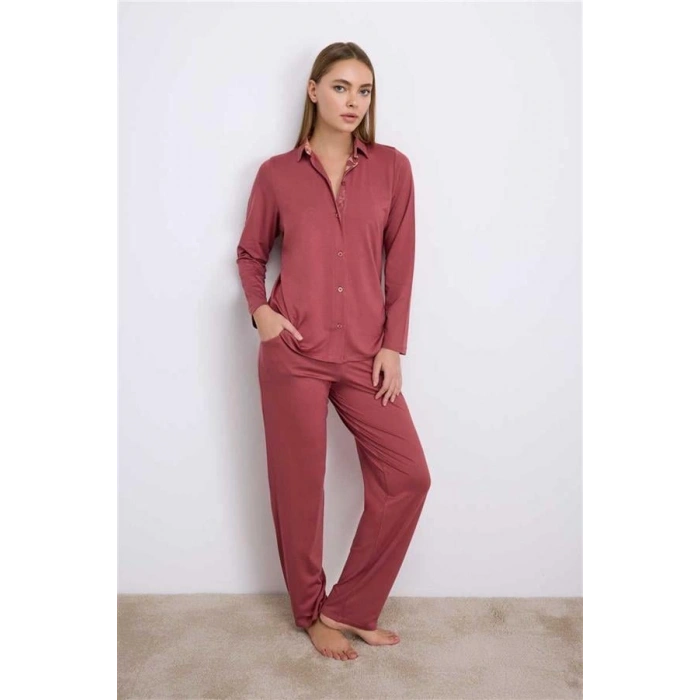 VipMarketim Anıl Kadın Uzun Kollu Düğmeli Gömlek Ve Pantolon Pijama Takımı ( ) (Kod:11556)