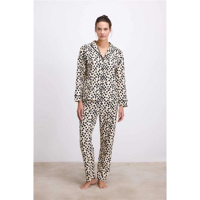 Vipmarketim Anıl Kadın Uzun Kollu Gömlek Yaka Leopar Desenli % Pamuk Pijama Takımı 11550 (kod:100)