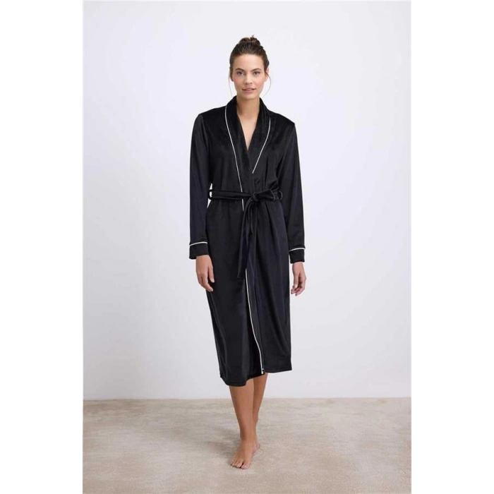 VipMarketim Anıl Kadın Uzun Kollu, Kadife Dokulu, Kuşaklı Sabahlık ( ) (Kod:11543)