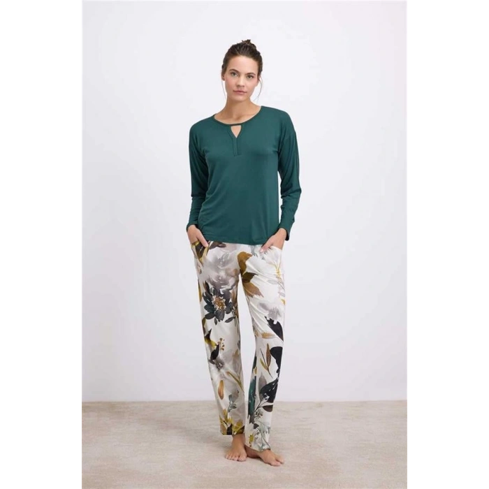 VipMarketim Anil Kadın Uzun Kollu Lenzing Viskon T-Shirt Ve Desenli Pantolon (Kod:11552)