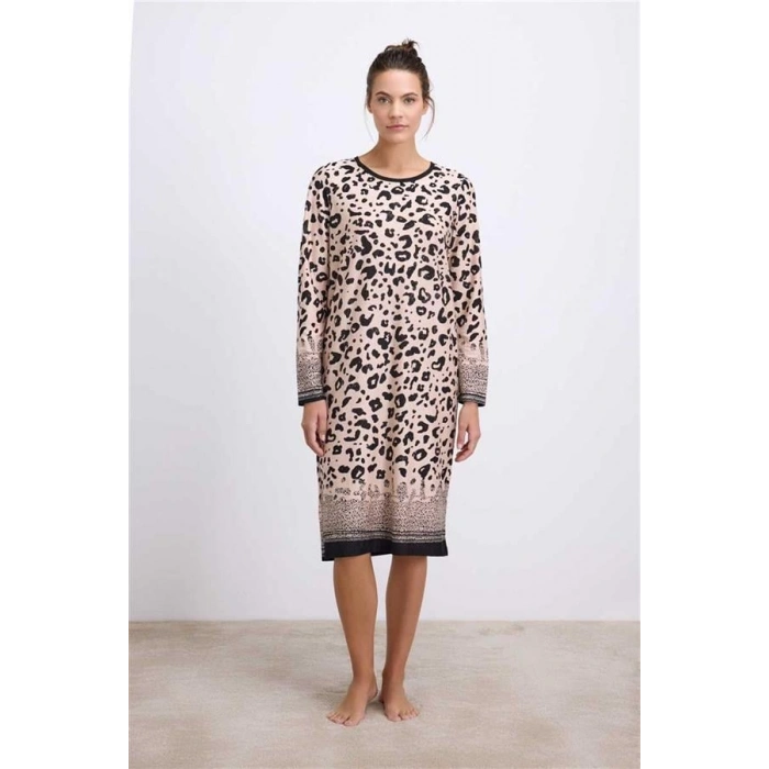 VipMarketim Anıl Kadın Uzun Kollu Leopar Desenli Ve Doğal Dokulu Gecelik ( ) (Kod:11539)