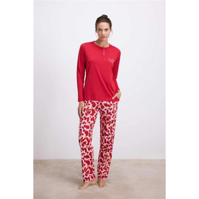 Vipmarketim Anıl Kadın Uzun Kollu T-shirt Ve Desenli Pantolon Pijama Takımı Nefes Alabilen Kumaş (kod:11562)