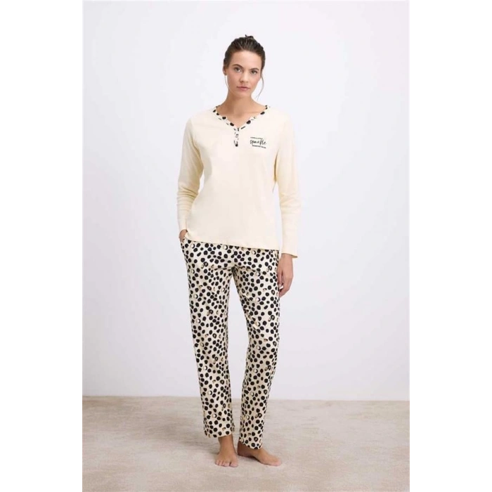 Vipmarketim Anıl Kadın Uzun Kollu T-shirt Ve Pantolon Pijama Takımı – % Pamuk, Leopar Desen Detaylı 11549 (kod:100)