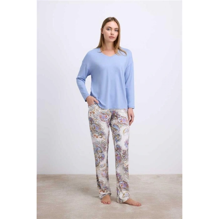 VipMarketim Anıl Kadın Uzun Kollu Viskon T-Shirt Ve Desenli Pantolon Takım Esnek Ve Nefes Alabilir Kumaş (Kod:11569)
