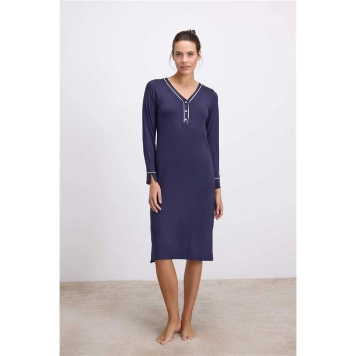 Vipmarketim Anıl Kadın Uzun Kollu, Yumuşacık Kumaş, Zarif Düğmeli Tasarım Gecelik( ) (kod:11615)