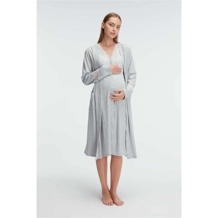 VipMarketim Anıl Kalın Askılı V Yaka Kadın Yazlık Dantel Detaylı Hamile Gecelik Sabahlık (Kod:11309)