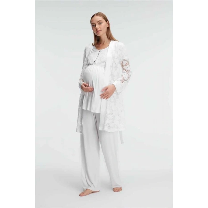 Vipmarketim Anıl Kısa Kol Bisiklet Yaka Kadın Dantel Detaylı Hamile Pijama Takımı Sabahlık (kod:11311)