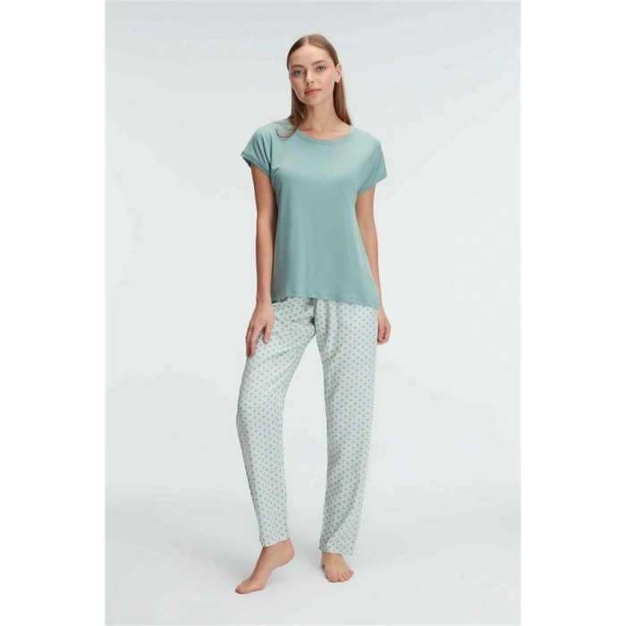 VipMarketim Anıl Kısa Kol Bisiklet Yaka Kadın Viskon Çiçek Desenli Yazlık Örme Normal Bel Pijama Takımı (Kod:9919)