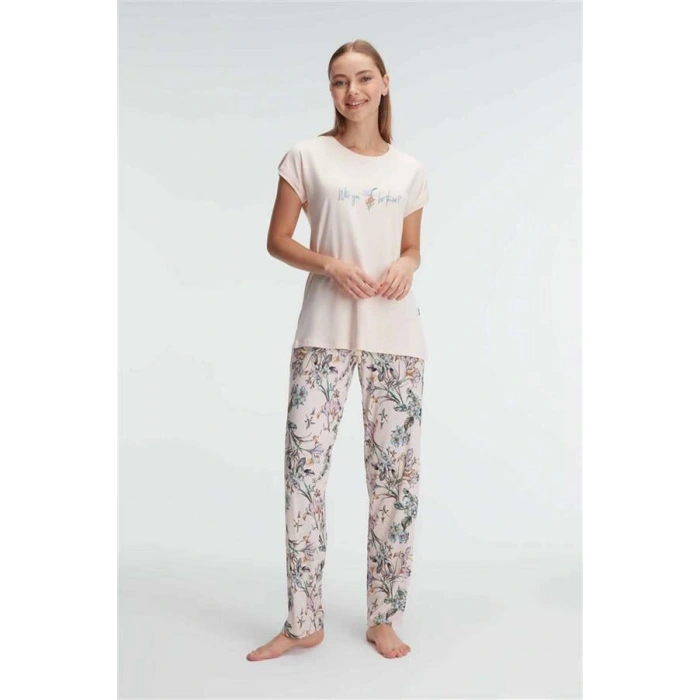 VipMarketim Anıl Kısa Kol Bisiklet Yaka Kadın Viskon Çiçek Desenli Yazlık Örme Normal Bel Pijama Takımı (Kod:9890)