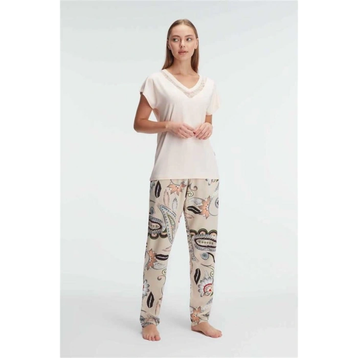 VipMarketim Anıl Kısa Kol V Yaka Kadın Viskon Çiçek Desenli Yazlık Örme Dantel Detaylı Pijama Takımı (Kod:9899)