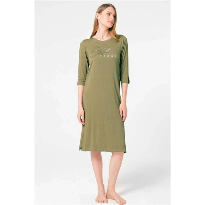 Vipmarketim Anıl Kısa Yarım Kol Bisiklet Yaka Viskon Düz Kışlık Örme Nakış Detaylı Gecelik Sabahlık (kod:5793)