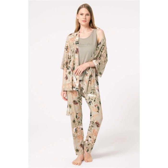 VipMarketim Anıl Kolsuz Sıfır Kol Bisiklet Yaka Viskon Çiçek Desenli Kışlık Örme Normal Bel Bağlamalı Dantel Detaylı Pijama Takımı Sabahlık (Kod:5797)
