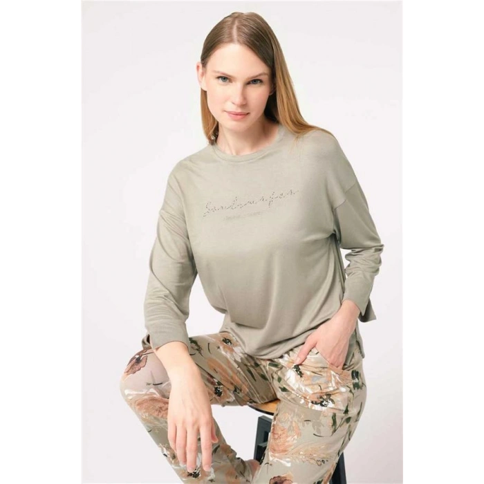 VipMarketim Anıl Uzun Kol Bisiklet Yaka Viskon Çiçek Desenli Kışlık Örme Normal Bel Pijama Takımı (Kod:9849)