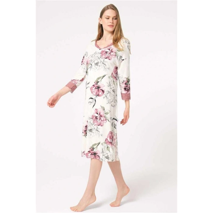 VipMarketim Anıl Uzun Kol V Yaka Bamboo Çiçek Desenli Kışlık Örme Normal Bel Dantel Detaylı Gecelik (Kod:5801)
