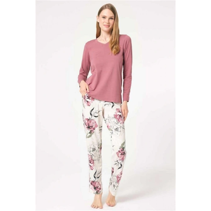 VipMarketim Anıl Uzun Kol V Yaka Bamboo Çiçek Desenli Kışlık Örme Normal Bel Transparan Tül Detaylı Pijama Takımı (Kod:9853)