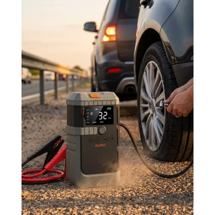 VipMarketim Araç Akü Takviye Powerbank Lastik Şişirme Kompresörü LED Işıklı Çok Fonksiyonlu Acil Durum Cihazı