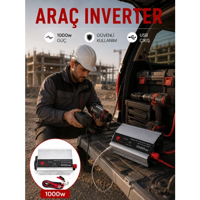 VipMarketim Araç Aküsünden Güvenli Elektrik Sağlayan 1000 Watt İnverter