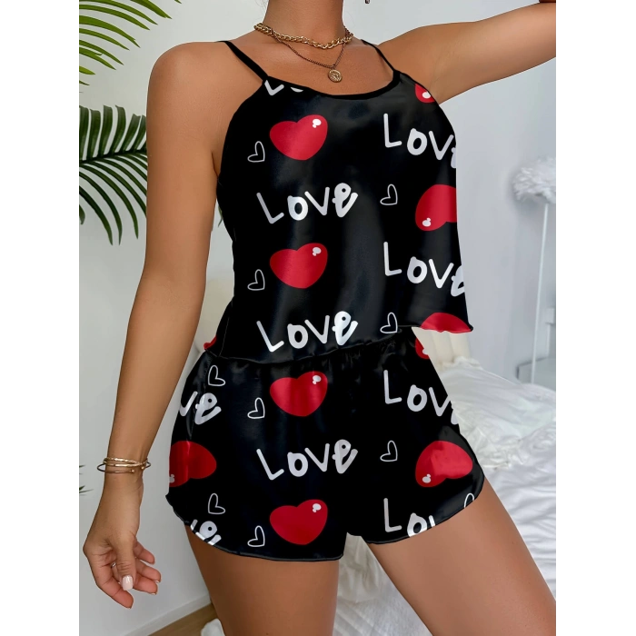 VipMarketim Aşk Temalı Kalp Desenli Siyah Saten Şortlu Gecelik Takım