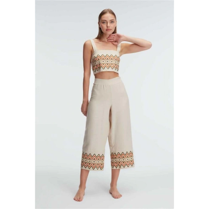 VipMarketim Askılı Oyuk U Yaka Geometrik Yazlık Uzun Nakış Detaylı Pijama Takımı