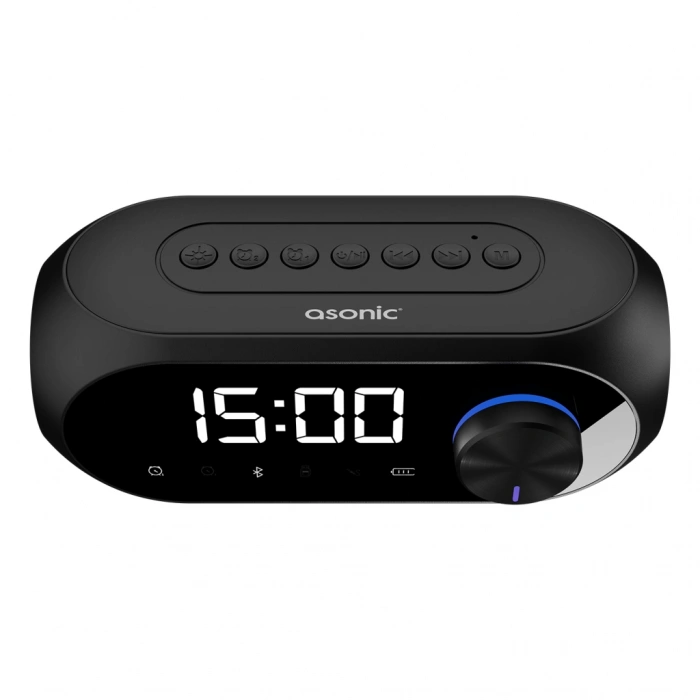 VipMarketim ASONIC AS-W6 Siyah 5W USB AUX Bluetooth Kablosuz Taşınabilir 1200mAh Batarya Alarmlı Saat Derece ve Speaker(1923)