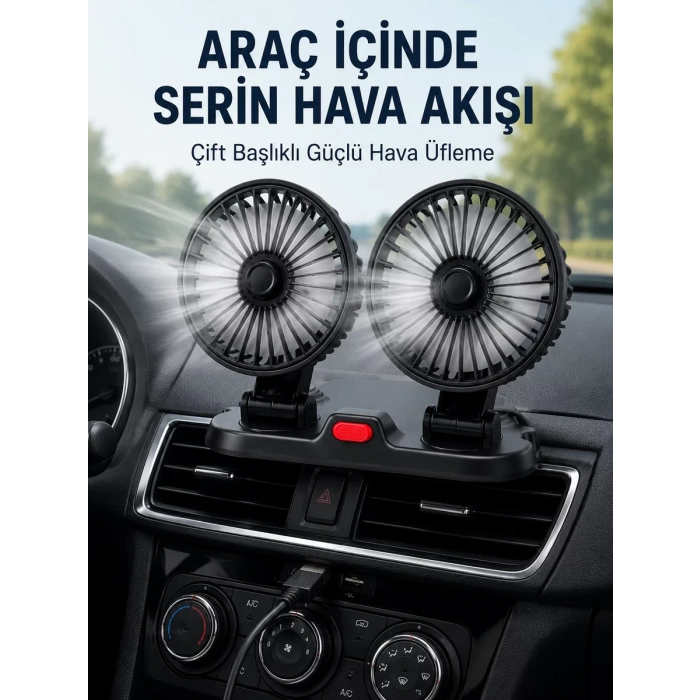 VipMarketim Ayarlanabilir Çift Başlıklı Sessiz Araç İçi Vantilatör