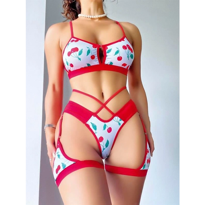 VipMarketim Bacak Bantlı Kiraz Desenli Jartiyer Takımı