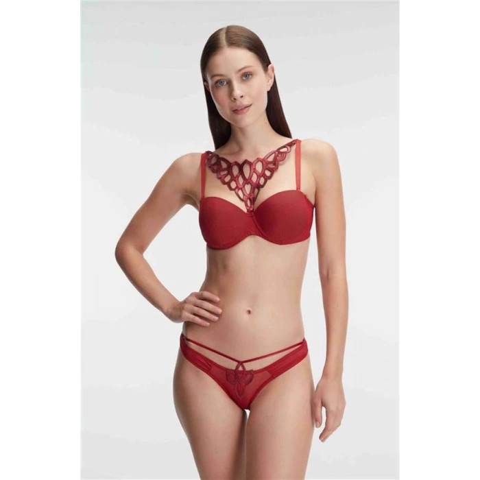 Vipmarketim Balenli Destekli Dolgulu Askıları Çıkabilen Çıkabilen Yaka Aksesuarlı Sütyen Ve String Takım