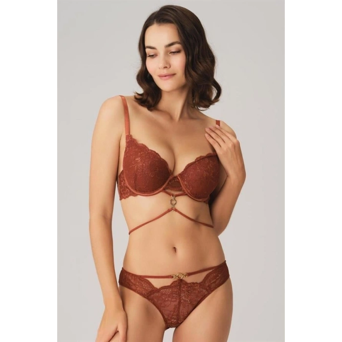 VipMarketim  Balenli Destekli Dolgulu Göbek Detaylı Dantelli Sütyen Ve Slip Takım