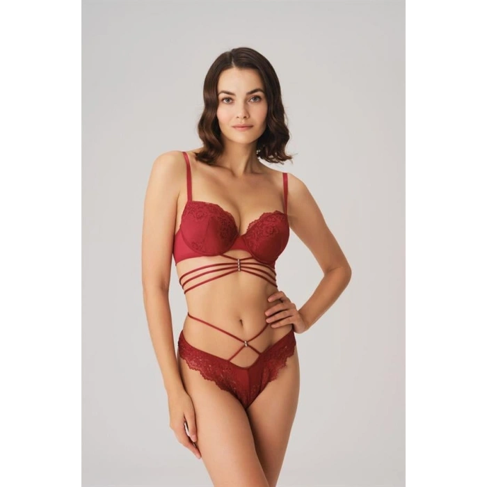 VipMarketim  Balenli Destekli Dolgulu Göbek Detaylı Dantelli Sütyen Ve String Takım