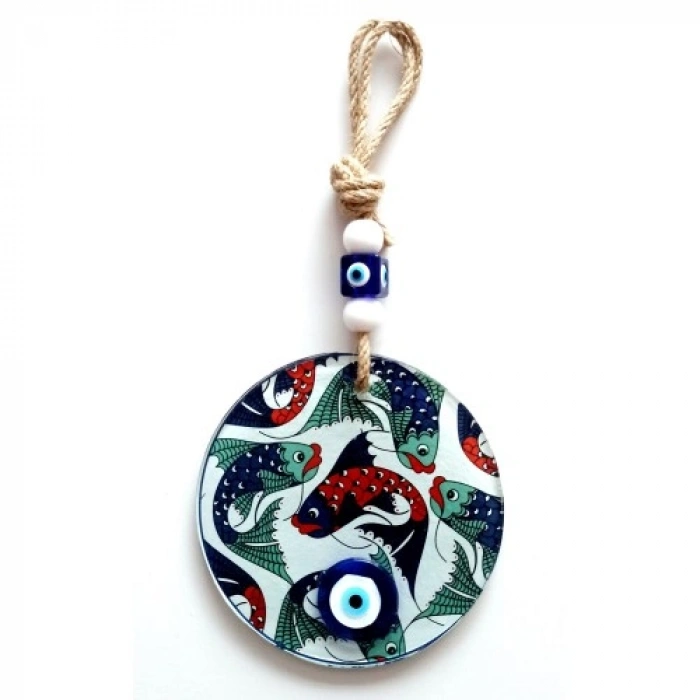 VipMarketim Balık Desenli Nazar Boncuklu Füzyon Cam Duvar Dekoru