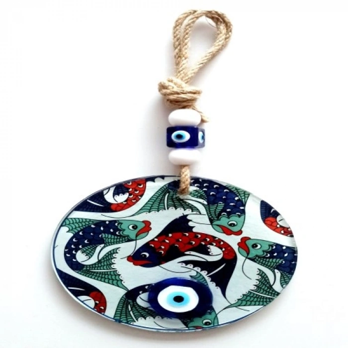 VipMarketim Balık Desenli Nazar Boncuklu Füzyon Cam Duvar Dekoru