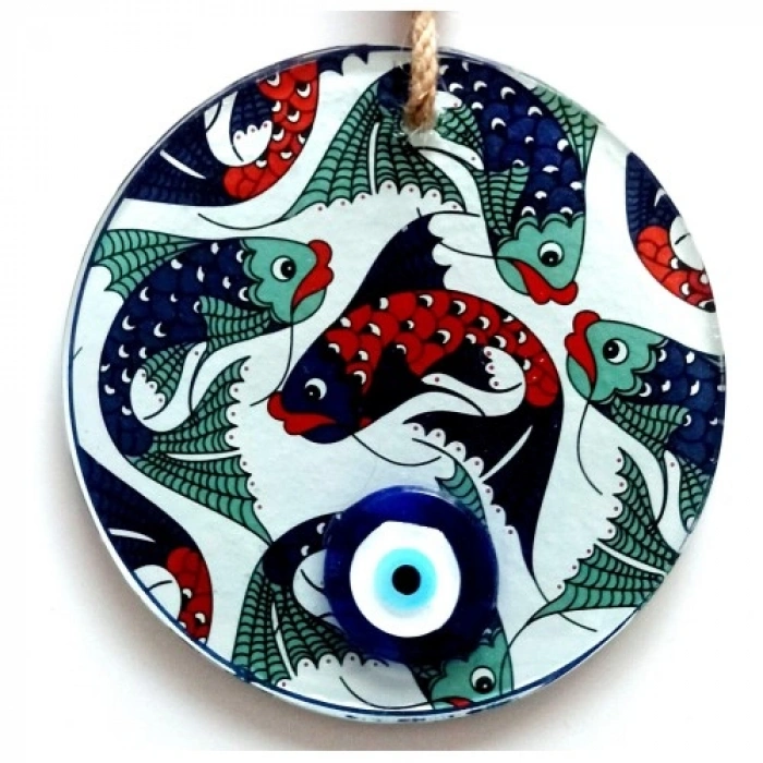 VipMarketim Balık Desenli Nazar Boncuklu Füzyon Cam Duvar Dekoru