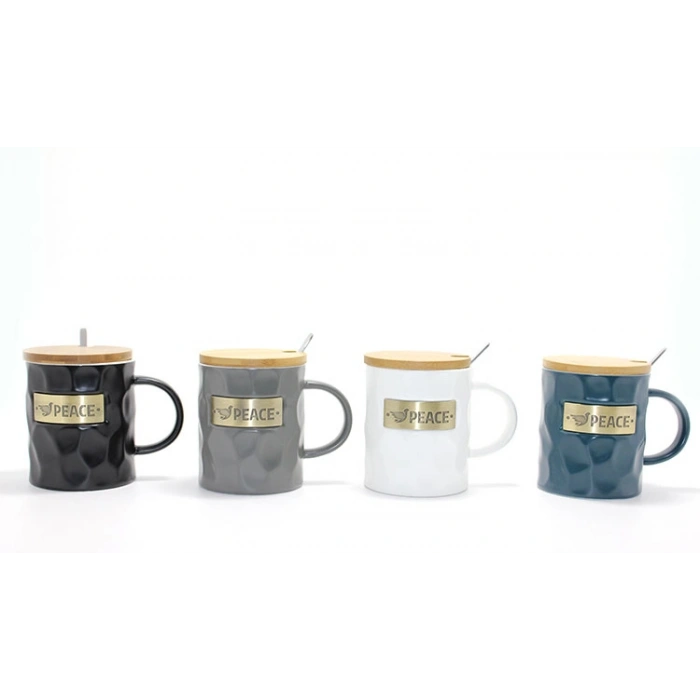 VipMarketim Bambu Kapaklı Porselen Kupa Bardak