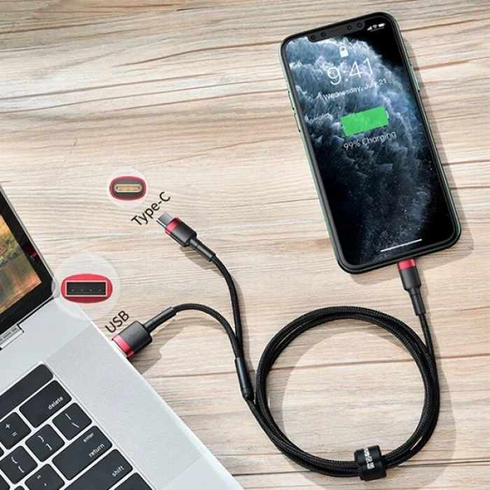 VipMarketim Baseus Cafule 2in1 Type C PDHızlı Şarj+iPhone Hızlı USB Şarj Kablosu-(5775)