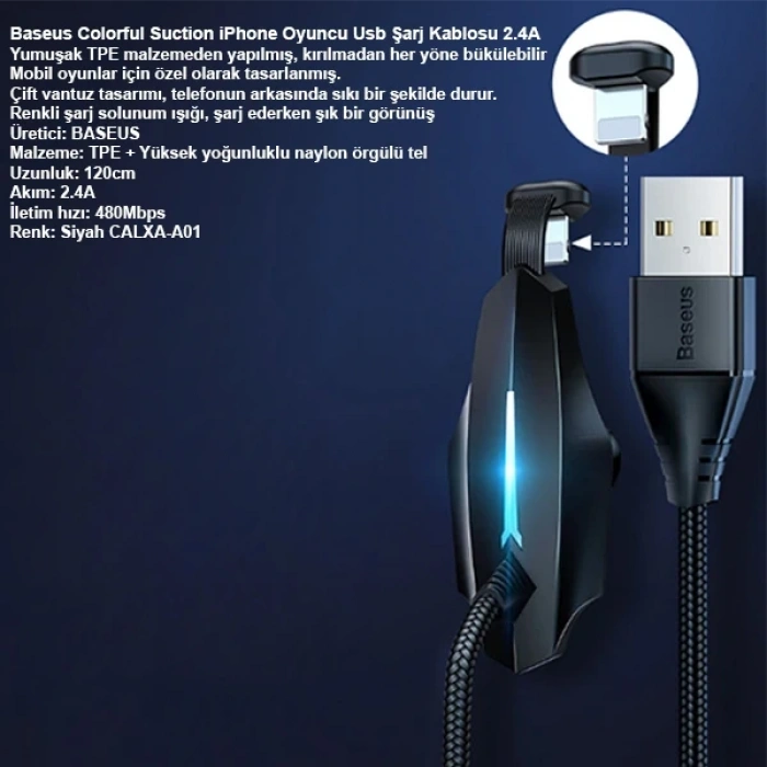 VipMarketim Baseus Colorful Suction iPhone Oyuncu Usb Şarj Kablosu 2.4A 1.2m-(5775)