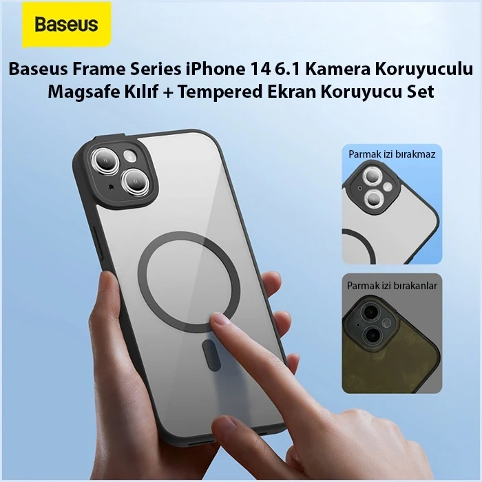 VipMarketim Baseus Frame Series iPhone 14 6.1 Kamera Koruyuculu Magsafe Kılıf + Tempered Ekran Koruyucu Set-(5775)