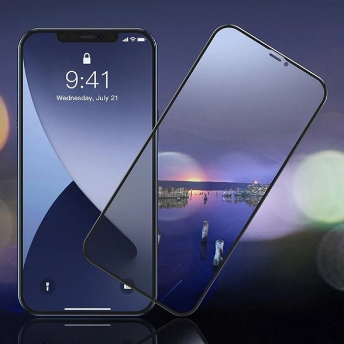 VipMarketim Baseus İPhone 12/12 Pro 6.1 023mm Anti Spy Çerçeveli Tempered Cam Ekran Koruyucu 2 Adet Set-(5775)